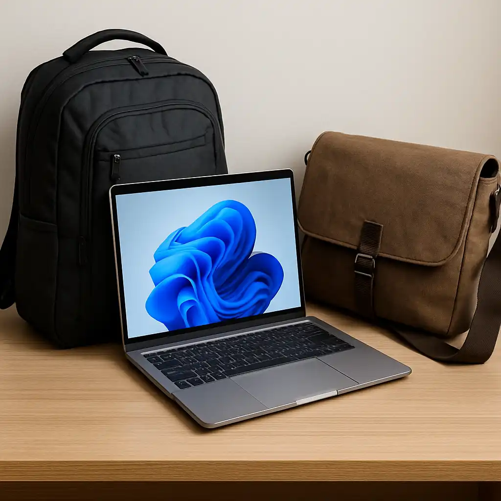 A silver laptop sits on a wooden desk between a black backpack and a brown messenger bag, highlighting two common laptop carry options for daily use.
