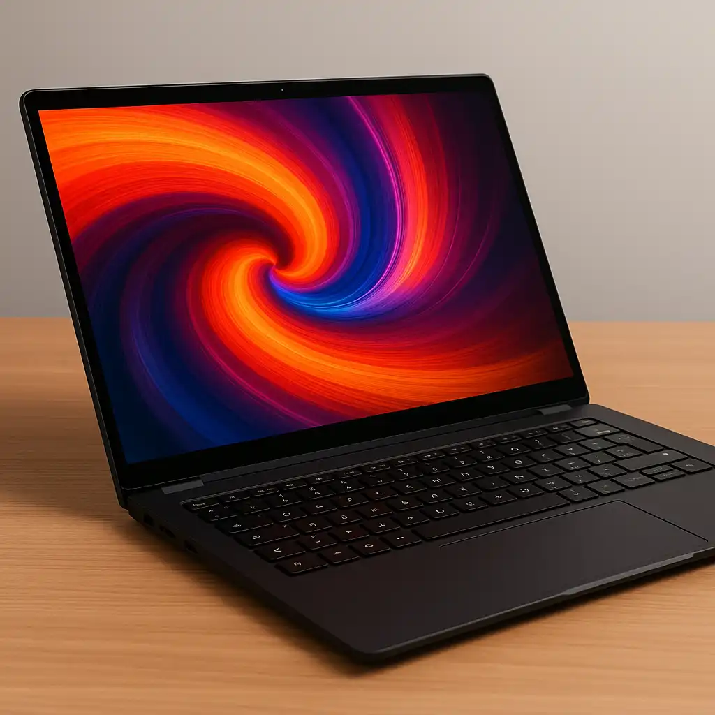 Modern laptop on a wooden desk displaying a colorful swirl on a bright touchscreen, shown in a clean workspace setup