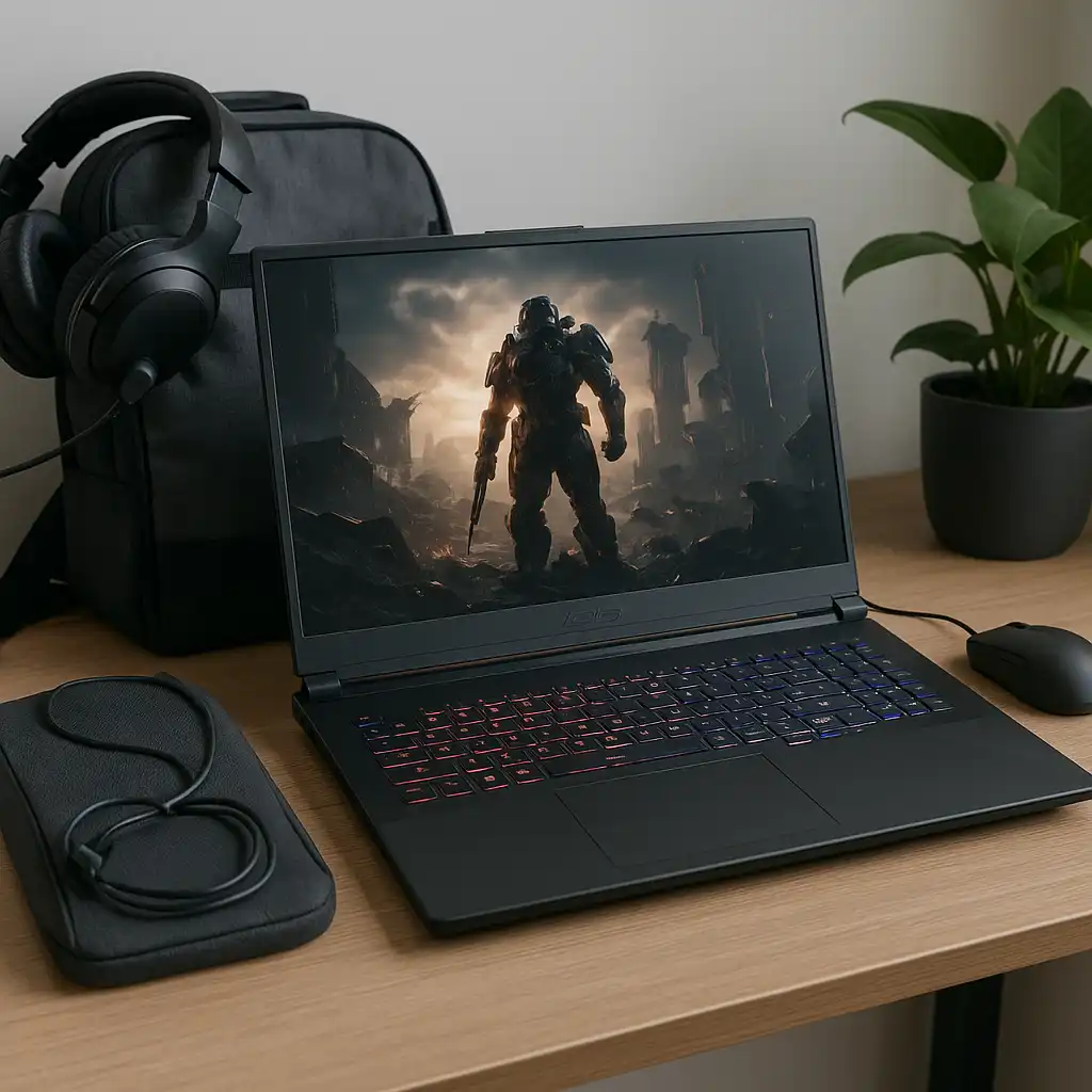A realistic setup of an ASUS 17-inch gaming laptop on a desk with RGB keyboard lighting, gaming mouse, and headphones, showing a sci-fi game scene on the screen.