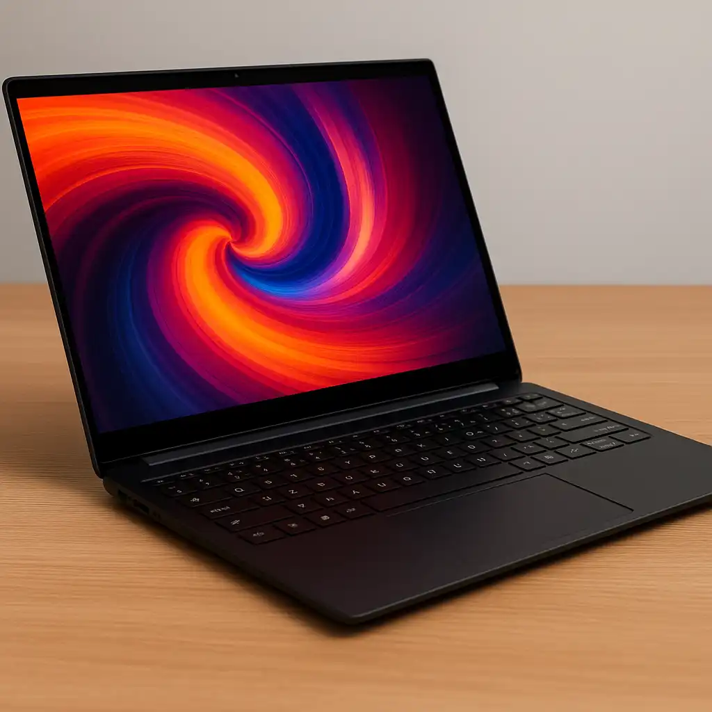 Modern laptop on a wooden desk displaying a vibrant swirl graphic on a bright touchscreen, shown in a clean and minimal workspace.