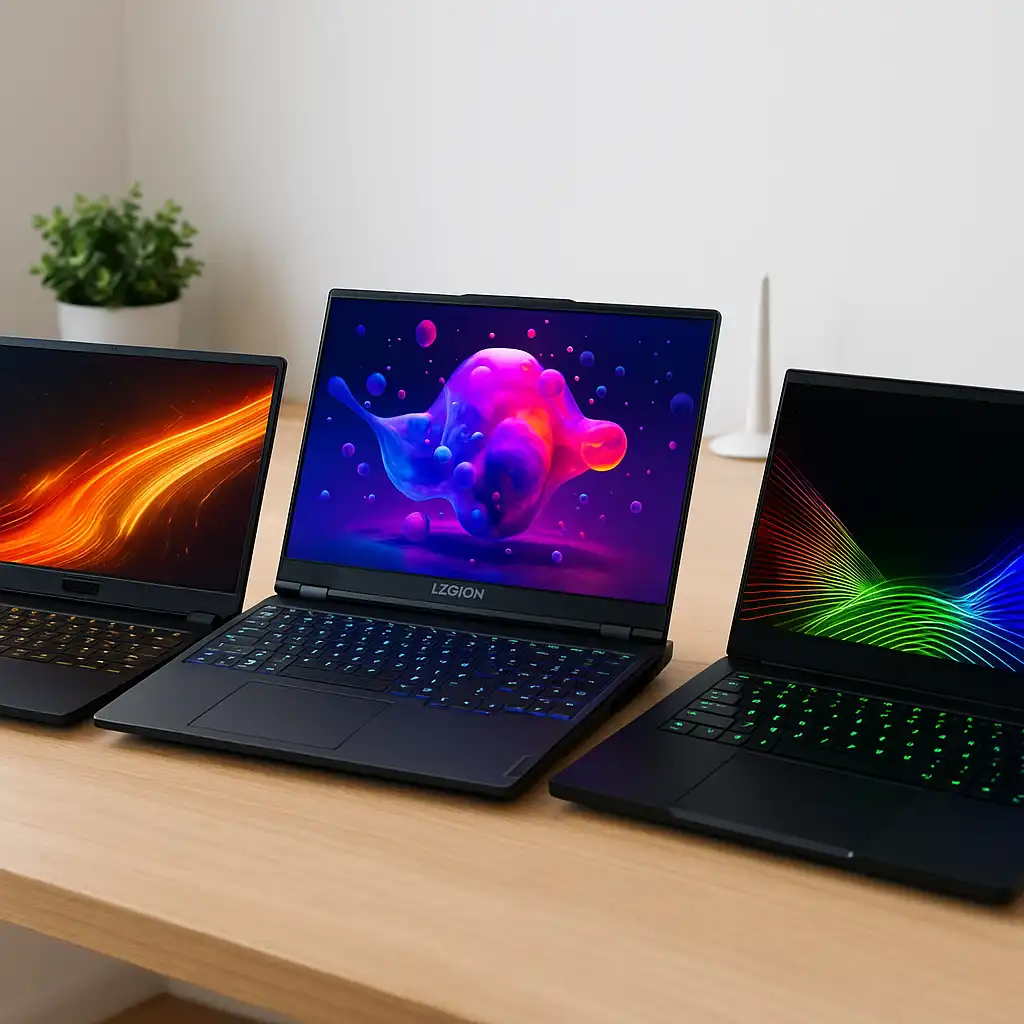 3 three modern gaming laptops on a desk showing vibrant screens and rgb keyboards.