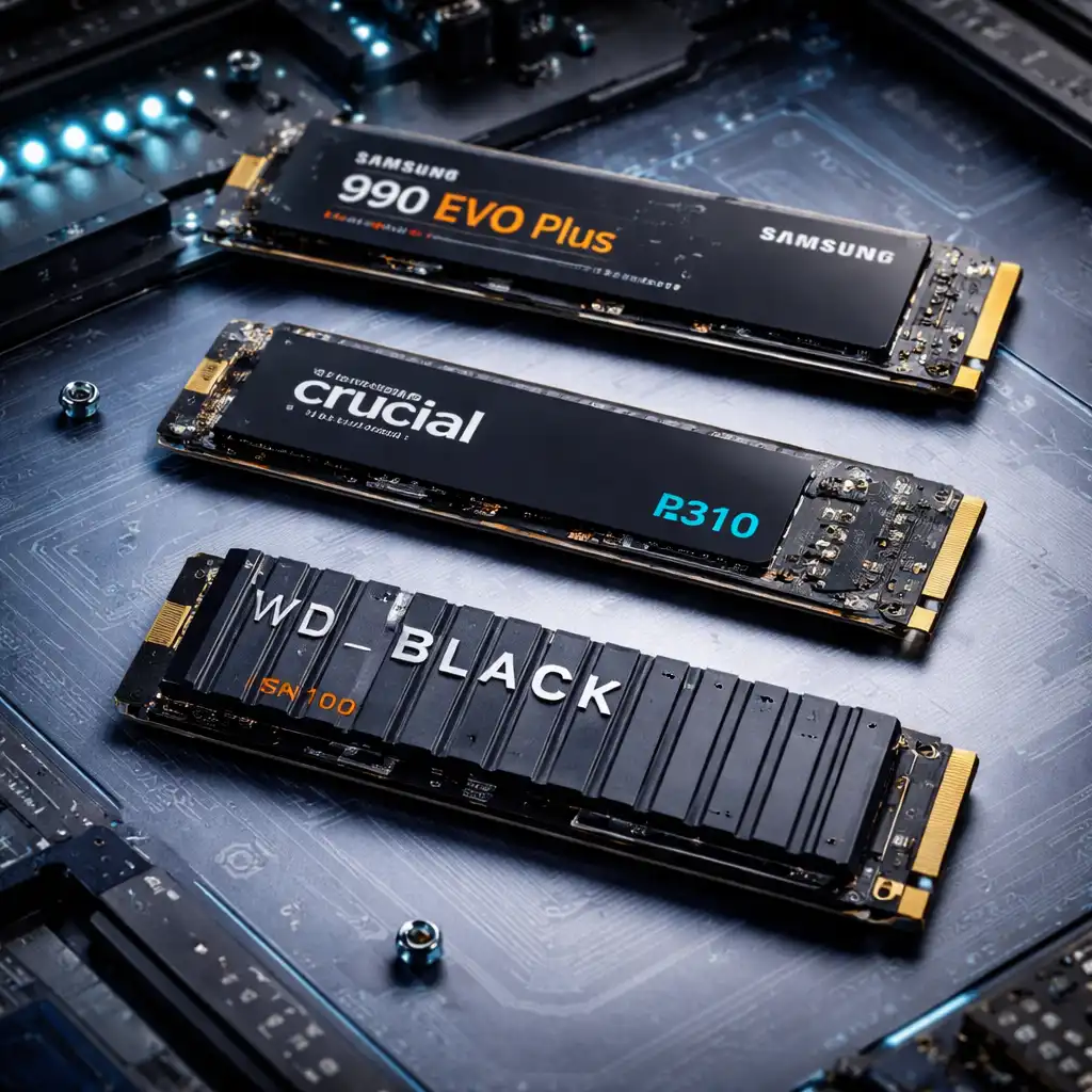 High-performance NVMe M.2 internal SSD drives mounted on a laptop motherboard with visible circuit board details and cooling components.