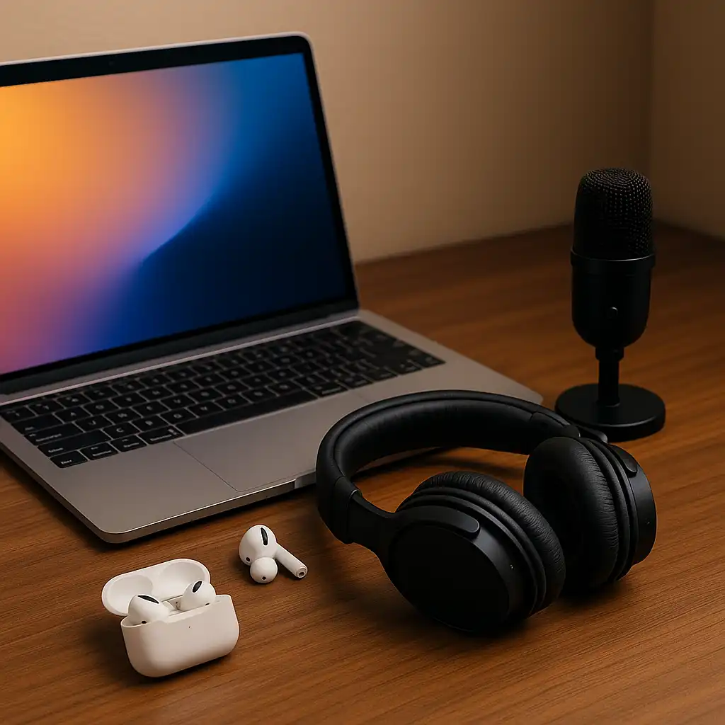 Laptop desk setup with premium headset, wireless earbuds, and a USB microphone arranged neatly as the best laptop audio gear for clearer sound.