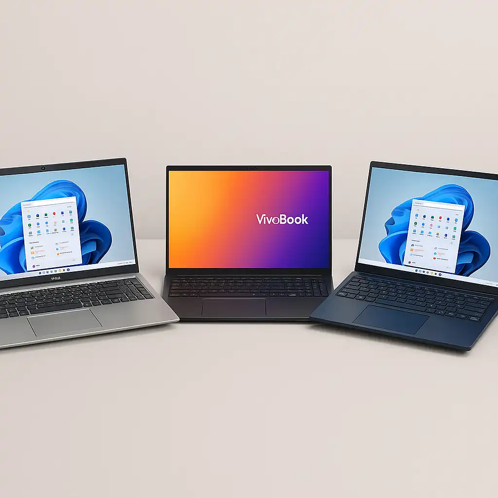 Laptops with slim designs displayed side by side on a desk, featuring two Windows laptops and one ASUS VivoBook in the center.