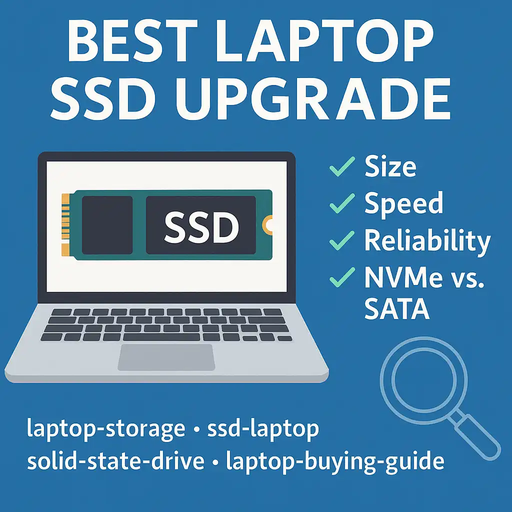 A modern laptop on a blue background with an illustrated SSD on the screen and upgrade-related icons displayed around it.
