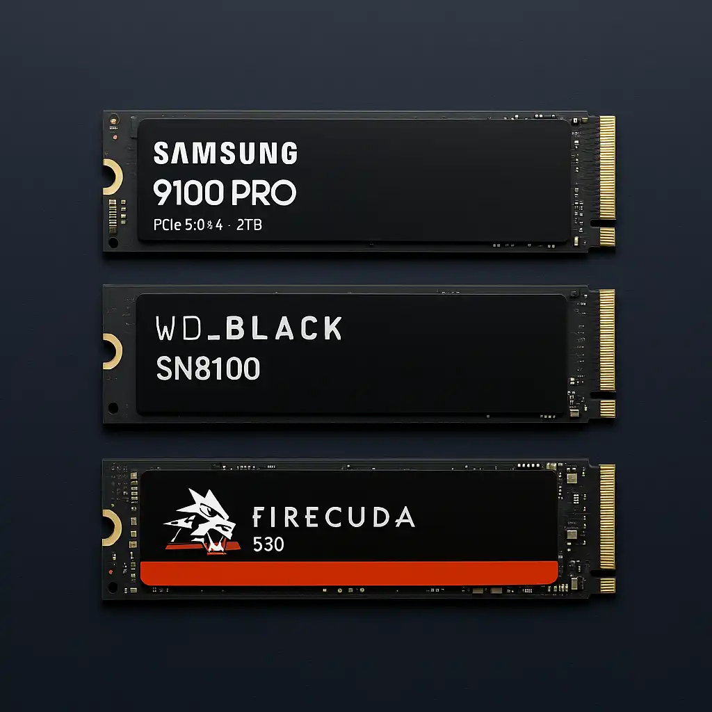 Three high-performance SSDs—Samsung 9100 PRO, WD_BLACK SN8100, and Seagate FireCuda 530—lined up on a dark background.
