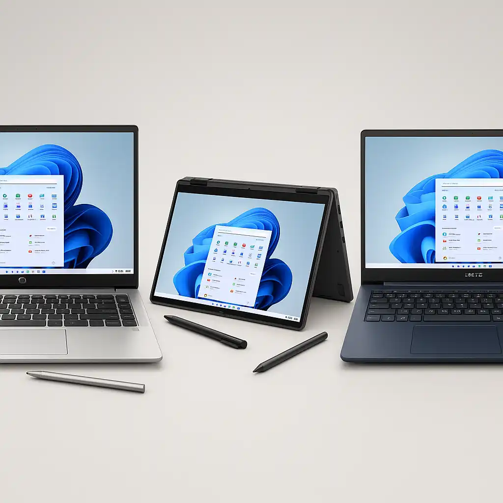 Three touchscreen laptops with stylus pens on a desk, including HP, Dell 2-in-1, and Lenovo models, representing top pen-enabled laptops for 2025.