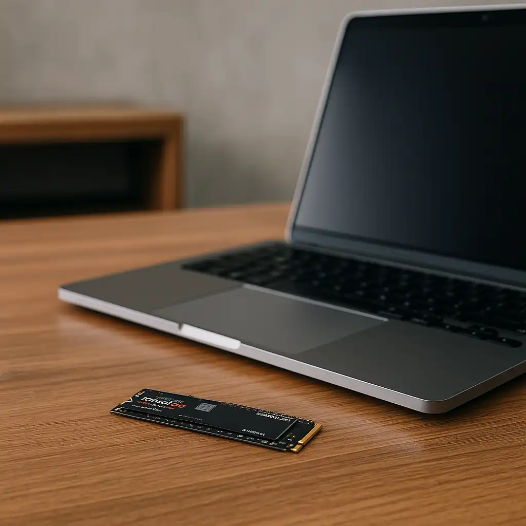 Laptop on a wooden desk with an M.2 NVMe SSD placed in front of it, ready for installation.