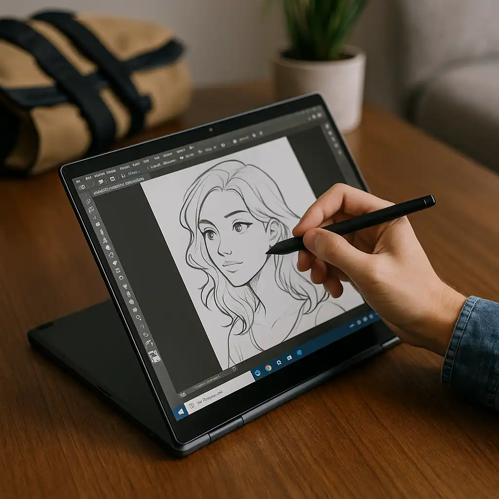 Person drawing on a touchscreen laptop using a digital stylus, creating artwork on a bright display in a realistic home workspace.