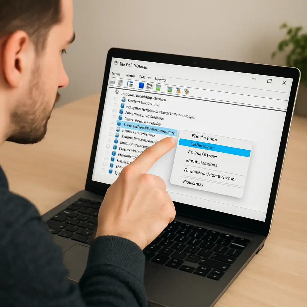 Man enabling touchscreen on a Windows laptop through Device Manager using a finger tap.