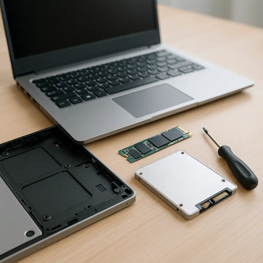 Open laptop with exposed storage area on a desk, showing an M.2 SSD and a 2.5-inch SATA SSD ready for installation.