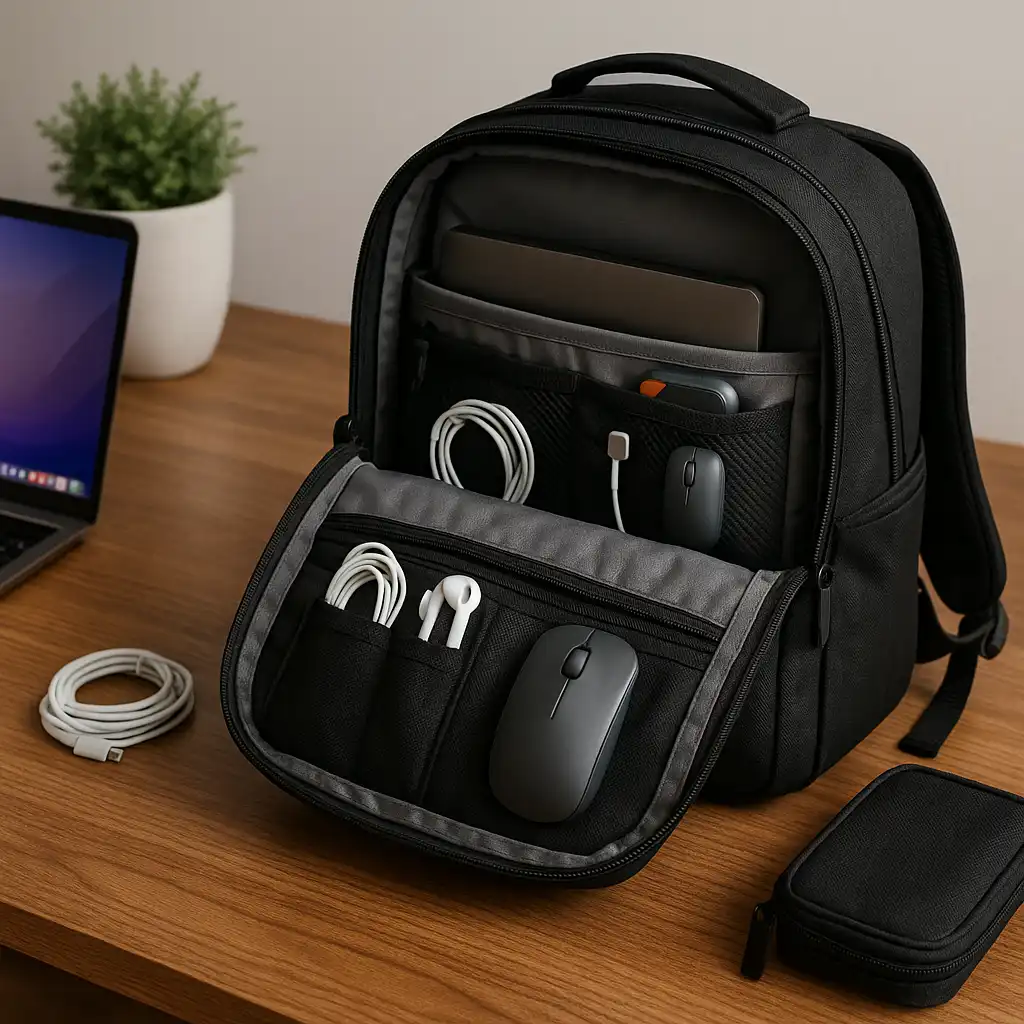 A neatly organized black laptop backpack sits on a wooden desk with cables, a mouse, and accessories arranged in dedicated pockets beside an open laptop.