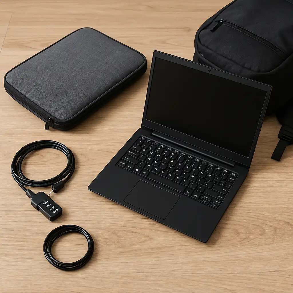 A black laptop sits on a wooden desk alongside a gray padded laptop sleeve, a black travel backpack, and a coiled laptop security cable, arranged neatly to show essential travel protection gear.