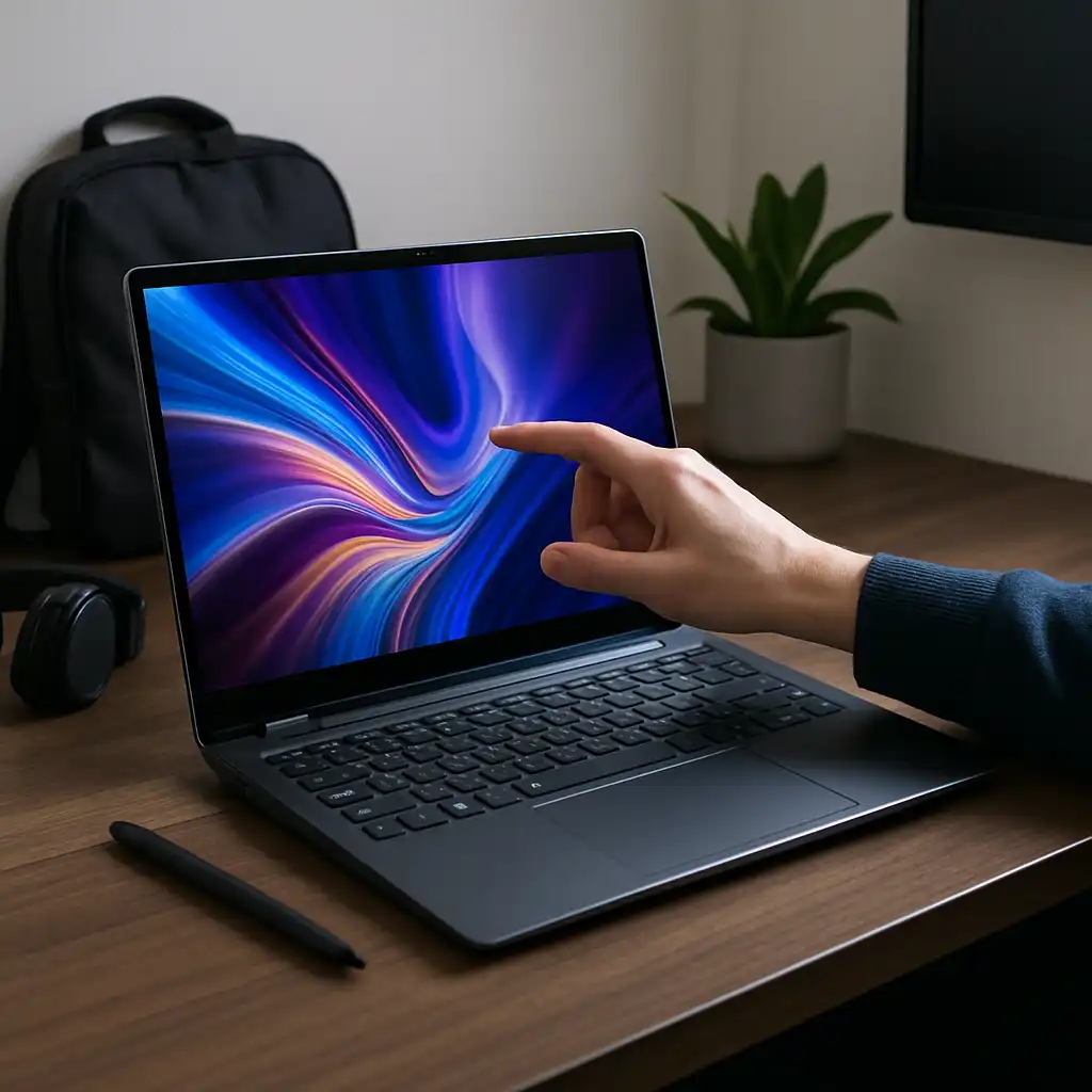 Modern touchscreen laptop on a wooden desk with a hand tapping the display, stylus nearby, and accessories in the background, representing everyday touchscreen laptop use.
