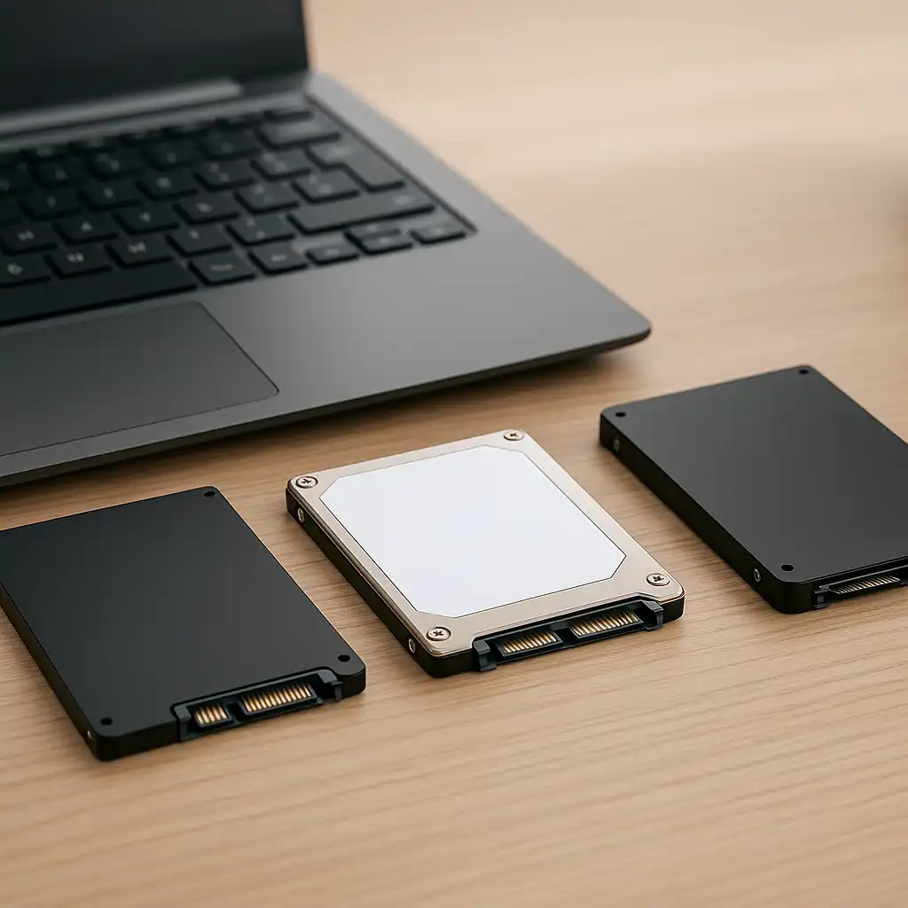 SSD and HDD placed side-by-side in front of an open laptop, showing the visual differences between the two storage types.