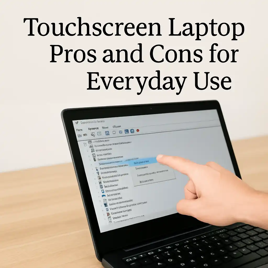 Person tapping a touchscreen laptop while viewing device settings, illustrating touchscreen laptop pros and cons.