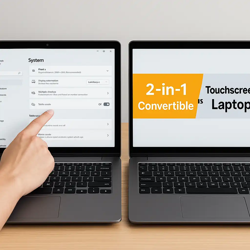Two laptops side by side, one used as a touchscreen and the other displaying a 2-in-1 convertible comparison banner, showing the difference between both device types.