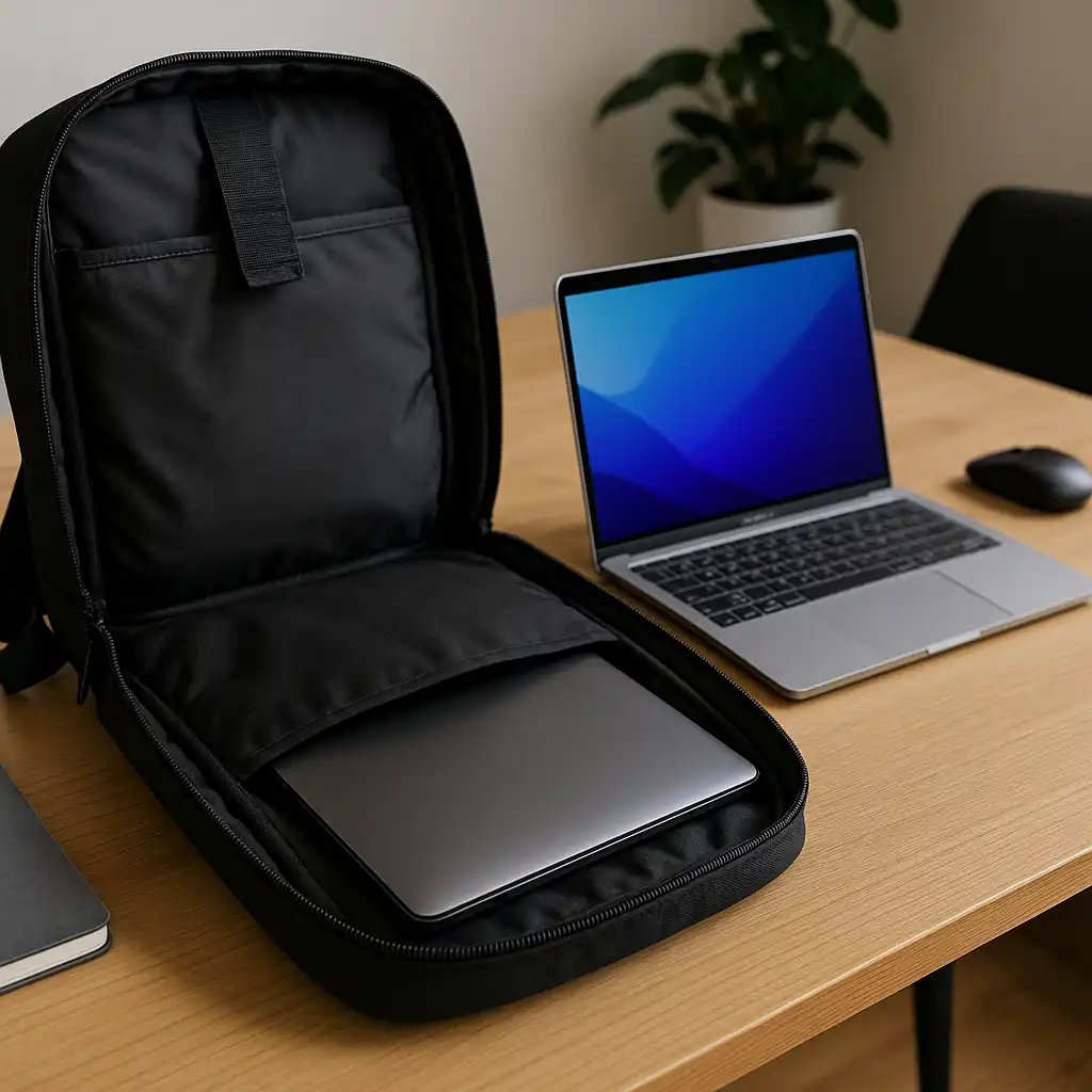 A modern laptop rests on a wooden desk beside an open TSA-friendly laptop bag with a flat-lay design, showing organized compartments in a clean travel workspace.