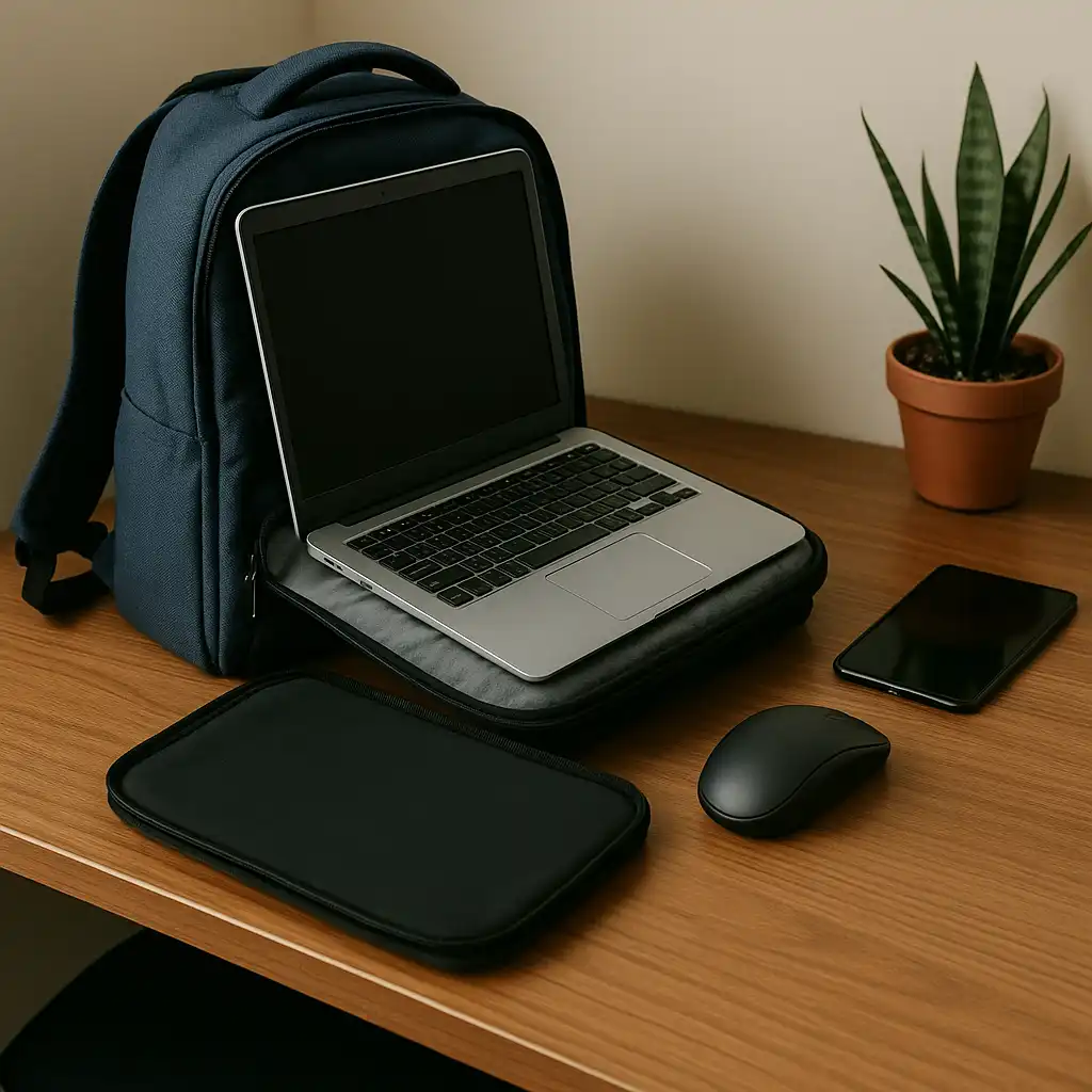 A navy blue laptop backpack on a wooden desk with a silver laptop partially inside its padded compartment, next to a laptop sleeve, wireless mouse, smartphone, and potted plant.