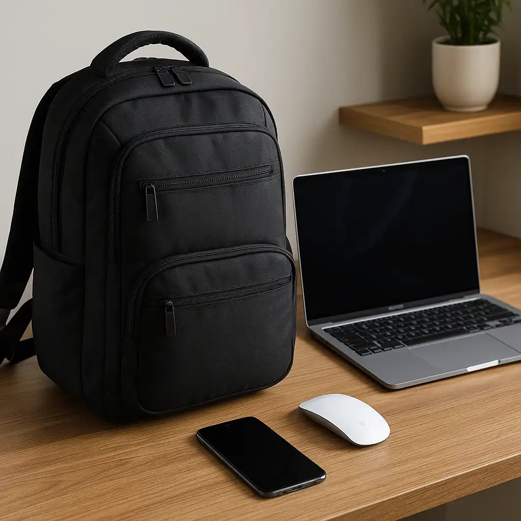 A black laptop backpack sits on a wooden desk beside an open silver laptop, with a wireless mouse and smartphone nearby, creating a clean and practical workspace setup.