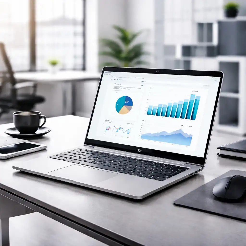 HP laptop on a modern office desk, displaying productivity charts in a clean workspace suitable for everyday work and professional use