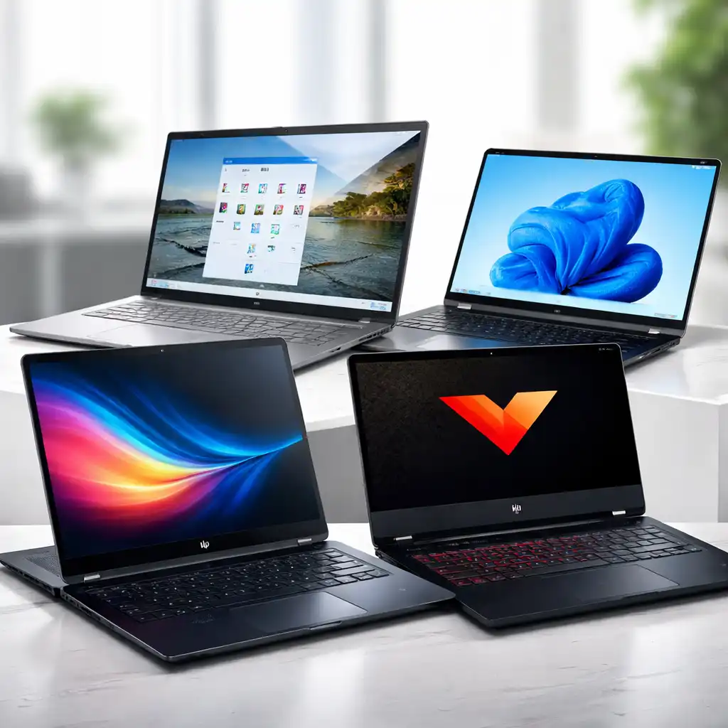 HP laptops from different series displayed on a desk, including gaming and everyday models with modern screens and keyboards.