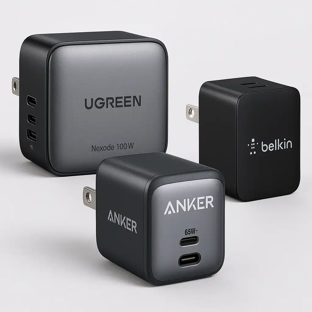 Three fast GaN laptop chargers from UGREEN, Anker, and Belkin arranged on a clean neutral background, showing their USB-C ports and compact designs.