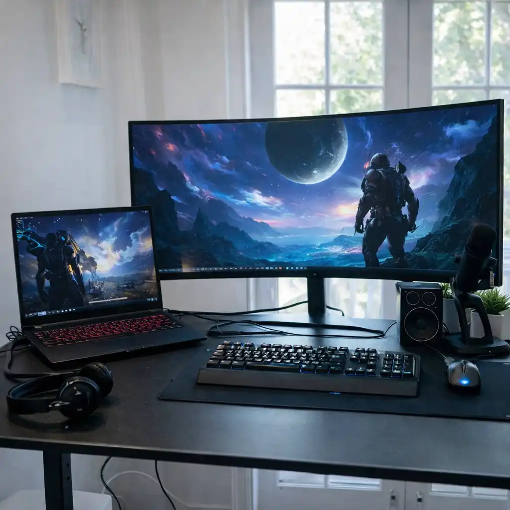 Gaming laptop connected to a curved external gaming monitor on a clean desk setup with keyboard and mouse.