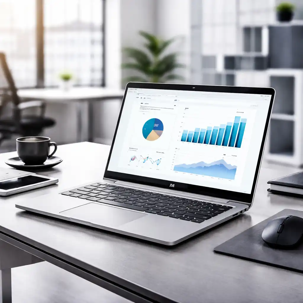HP business laptop on a clean office desk, showing productivity charts in a professional workspace setting suitable for office and business use.