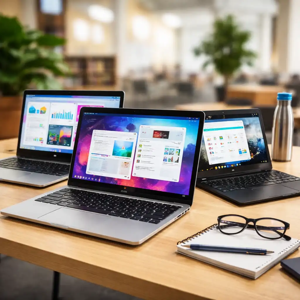 Three HP laptops on a college desk setup, showing portable designs suitable for students and everyday campus use