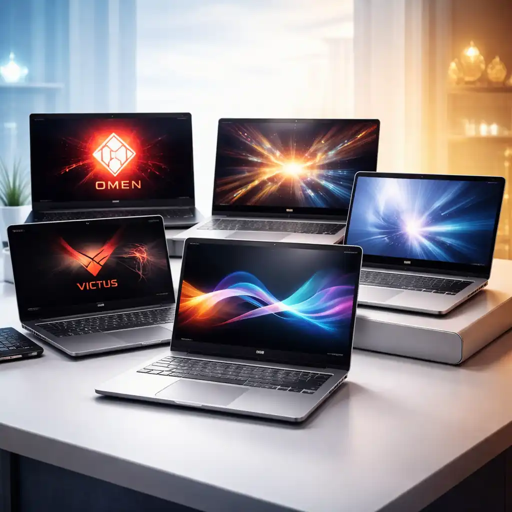 Five HP laptops representing Spectre, Envy, Pavilion, Omen, and EliteBook displayed together on a modern desk, showing different HP laptop lines for work, gaming, and everyday use.