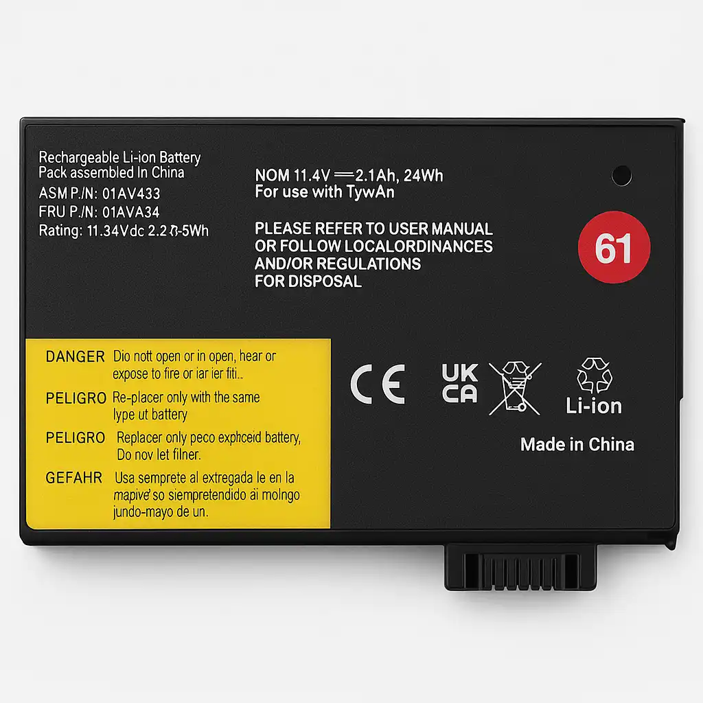 Rectangular Lenovo laptop battery with a black casing, yellow safety label, certification icons, and a red “61” marking, displayed on a clean white background.