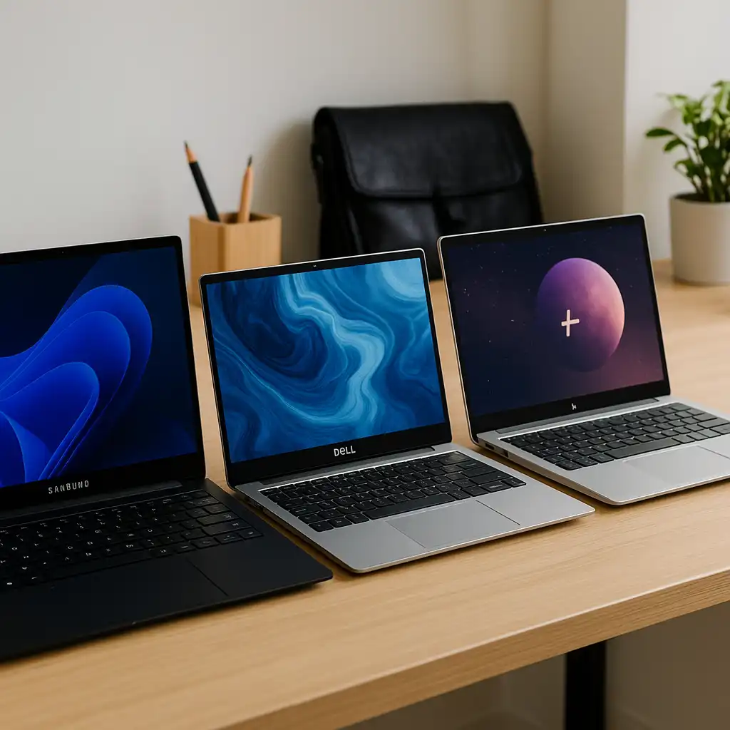 A realistic photo of three Snapdragon laptops — Samsung Galaxy Book4 Edge, Dell XPS 13, and HP OmniBook 5 — arranged on a clean wooden desk in a bright workspace with minimal accessories.