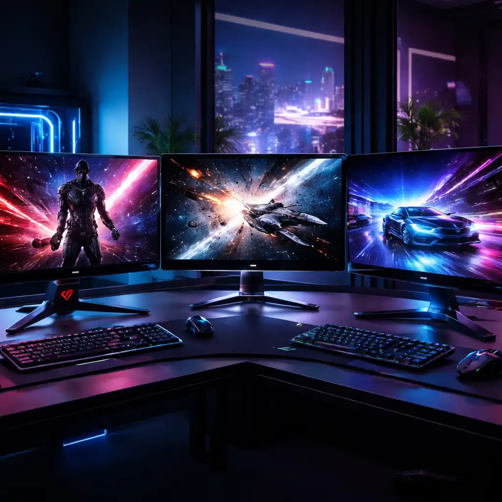 Three modern gaming monitors on a desk setup displaying fast-paced games, illustrating a dual-use monitor setup suitable for both gaming performance and everyday work.