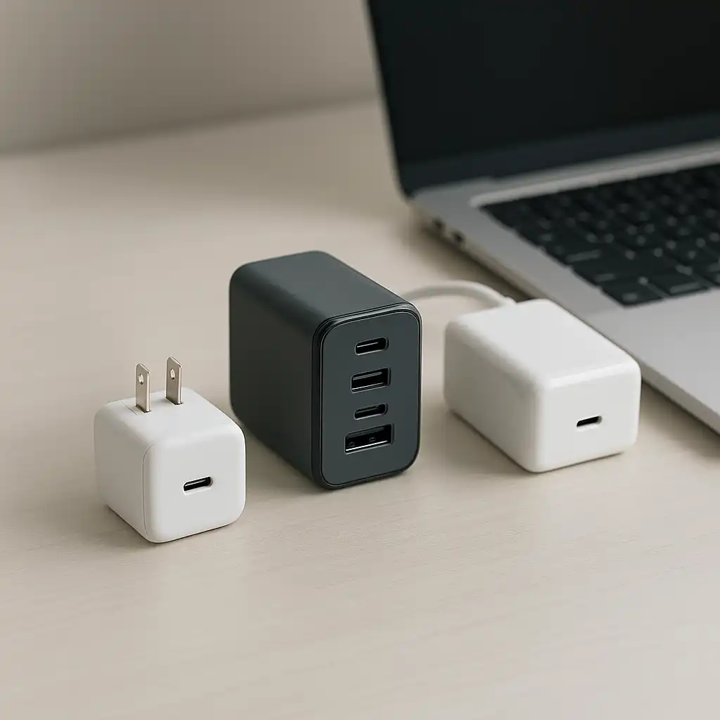 Three modern USB-C laptop chargers arranged on a clean desk beside an open laptop, showing different GaN charger sizes and multi-port designs.