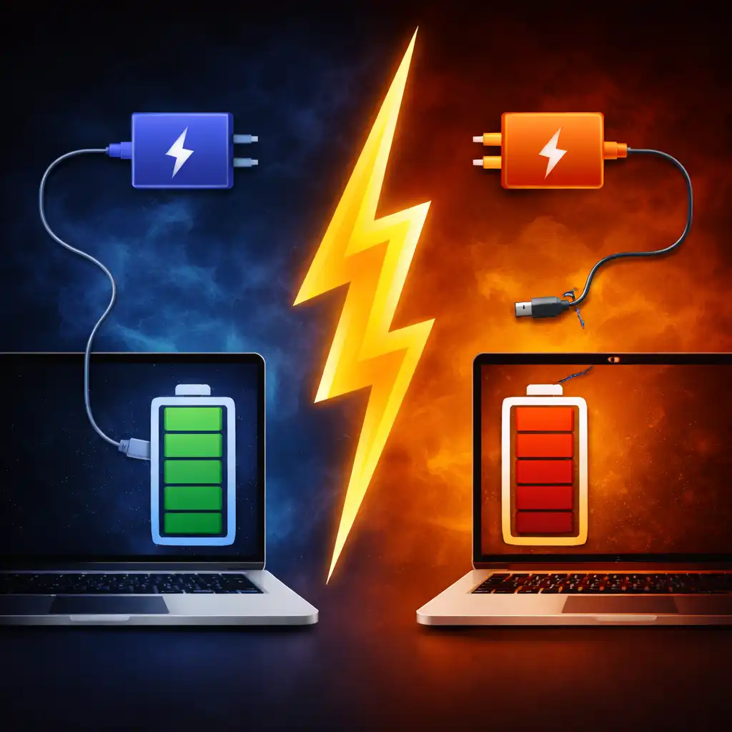 Fast charging vs slow charging concept showing two laptops with battery indicators—one charging quickly with a full green battery and one charging slowly with a low red battery.