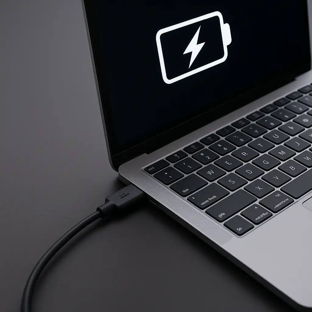 Close-up of a modern laptop charging with a USB-C cable, showing a battery icon on the screen and a clean, minimal desk surface.