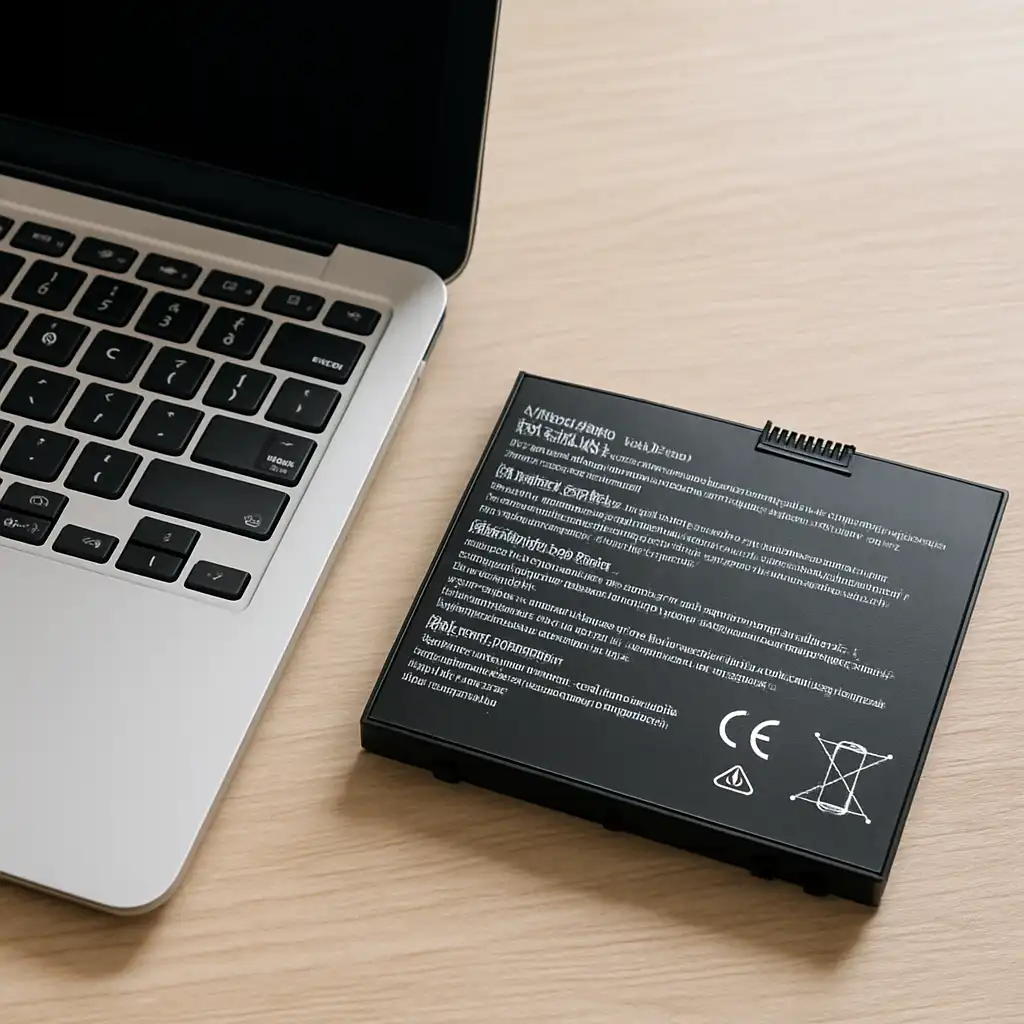 Modern silver laptop on a wooden desk with a black removable battery placed beside it, showing labels and connectors in clear detail.