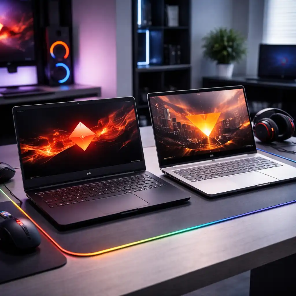 HP Omen and HP Victus gaming laptops displayed side by side on a modern gaming desk, highlighting design and performance-focused setups for gaming use.