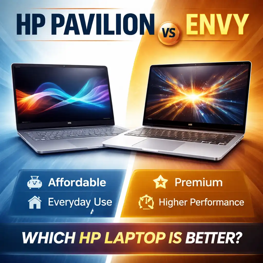 HP Pavilion and HP Envy laptops shown side by side on a desk, highlighting design differences and everyday versus premium use cases.