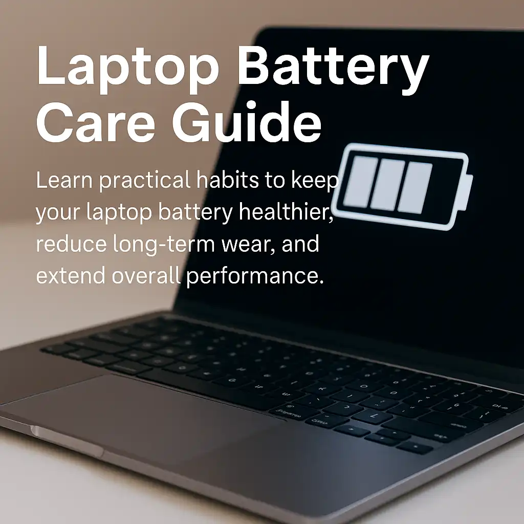 A modern laptop on a desk with a glowing battery icon on the screen, used to represent laptop battery care and performance tips.