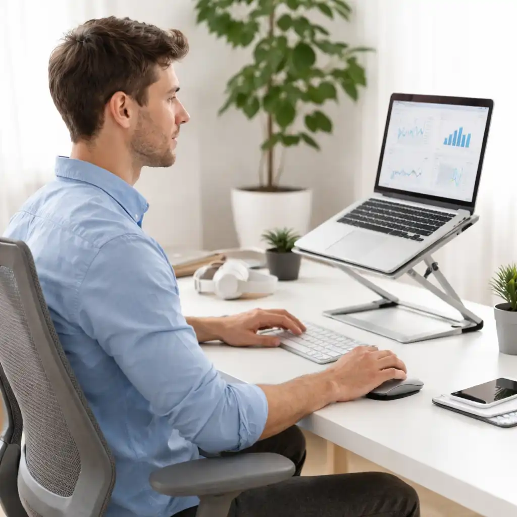 Person using an ergonomic laptop setup with a raised laptop stand, external keyboard, and mouse at a clean home office desk.