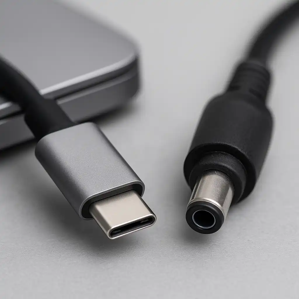 Close-up of a USB-C laptop charger connector next to a round barrel charger connector, both placed beside a modern silver laptop on a light surface.
