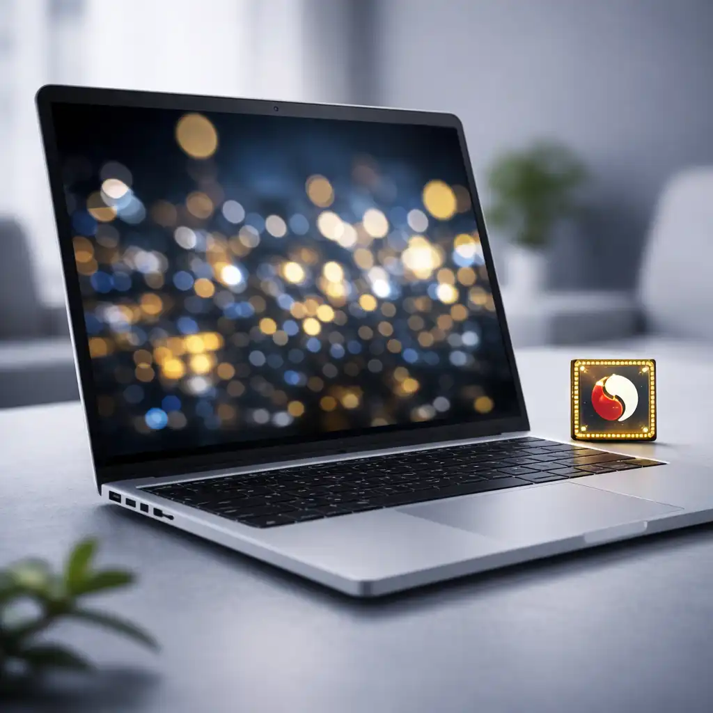 Business laptop on a desk with a Snapdragon processor chip beside it, representing ARM-based performance.