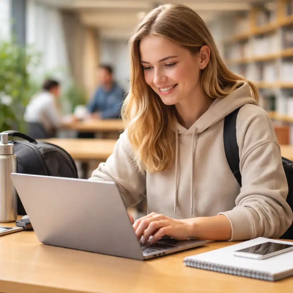 Student using a lightweight Snapdragon laptop for studying in a university library.