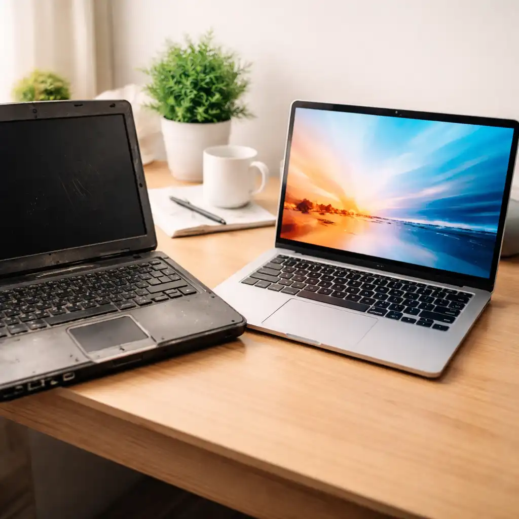 Old and new laptops side by side showing differences in wear, performance, and lifespan.