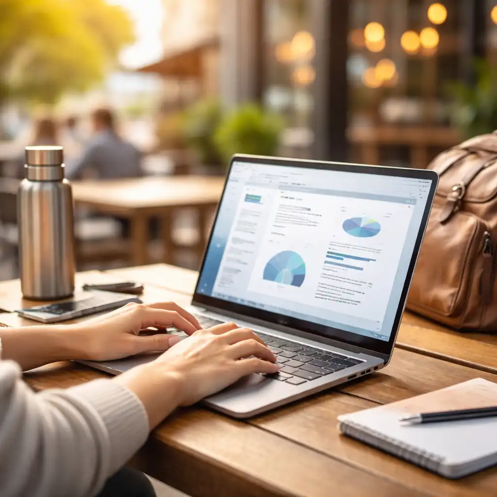 Lightweight Snapdragon laptop being used for work in an outdoor café setting.