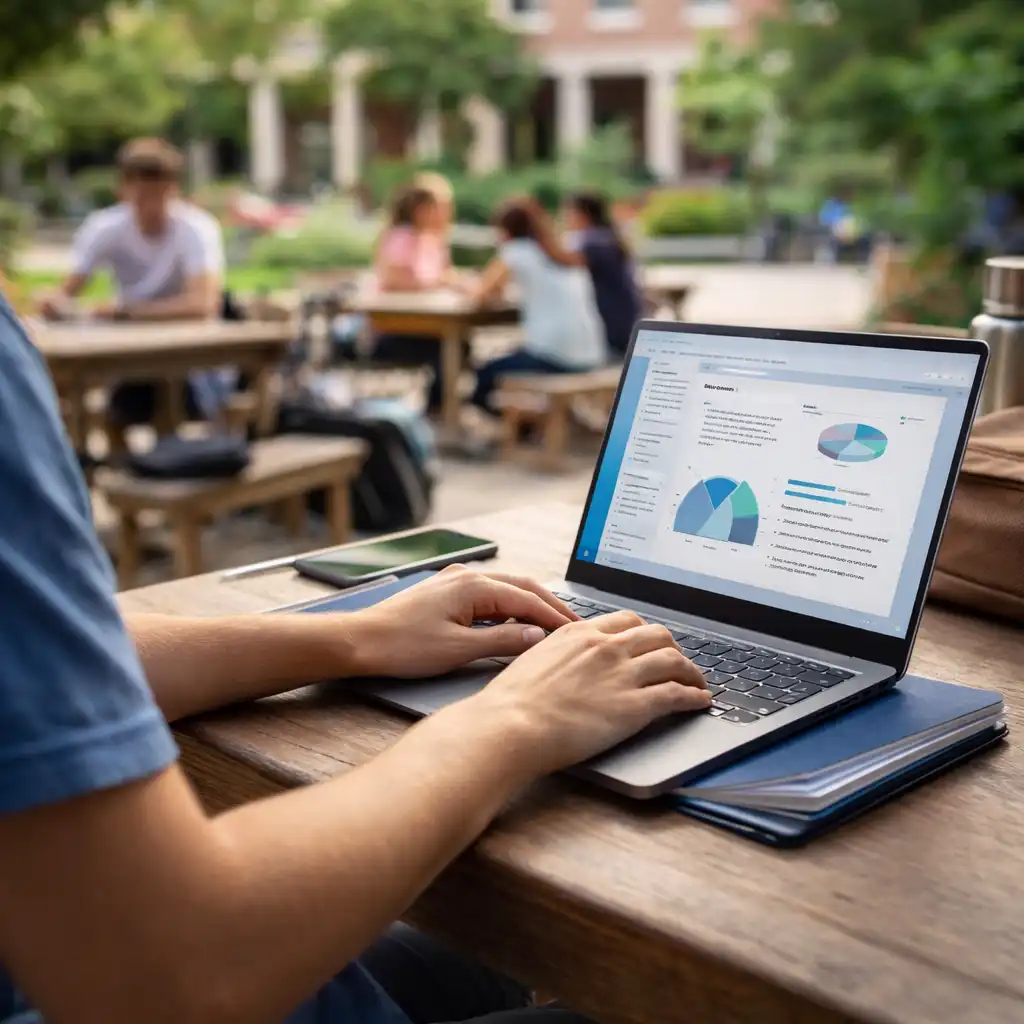 Student working on a lightweight Snapdragon laptop at an outdoor campus table.