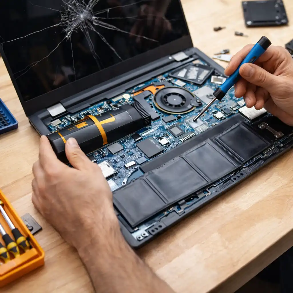 Technician repairing an open laptop with visible internal components on a workbench.