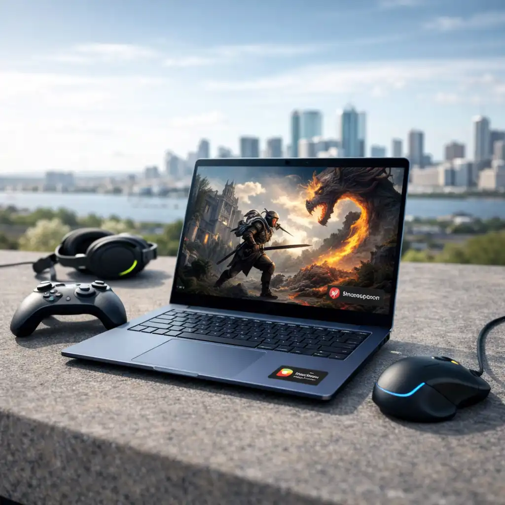Snapdragon laptop gaming setup with controller and mouse on an outdoor surface overlooking a city skyline.